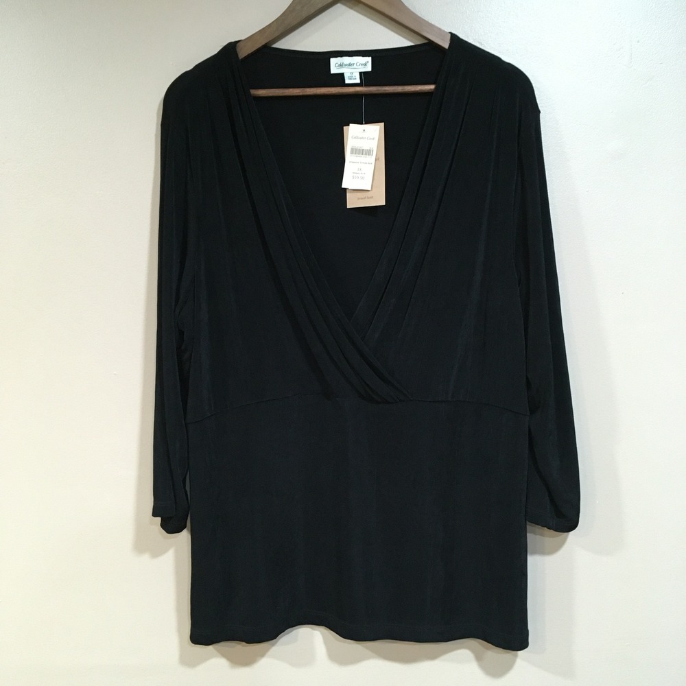 Coldwater Creek Crossover 3/4 Sleeve Travel Knit Top Womens 1X Black Slinky